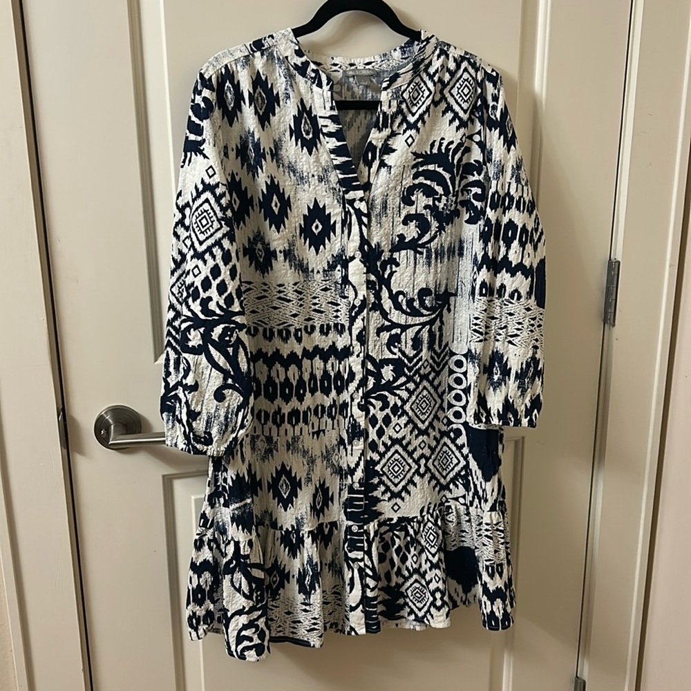 Navy & White Printed Button Down Dress